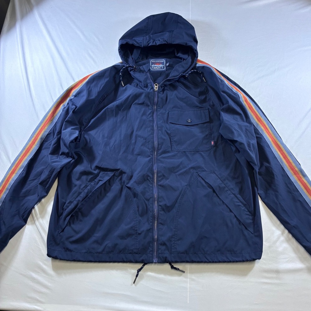 Faherty Men XXL Navy Blue Rainbow Stripe Windbreaker Hooded Jacket Full Zip
